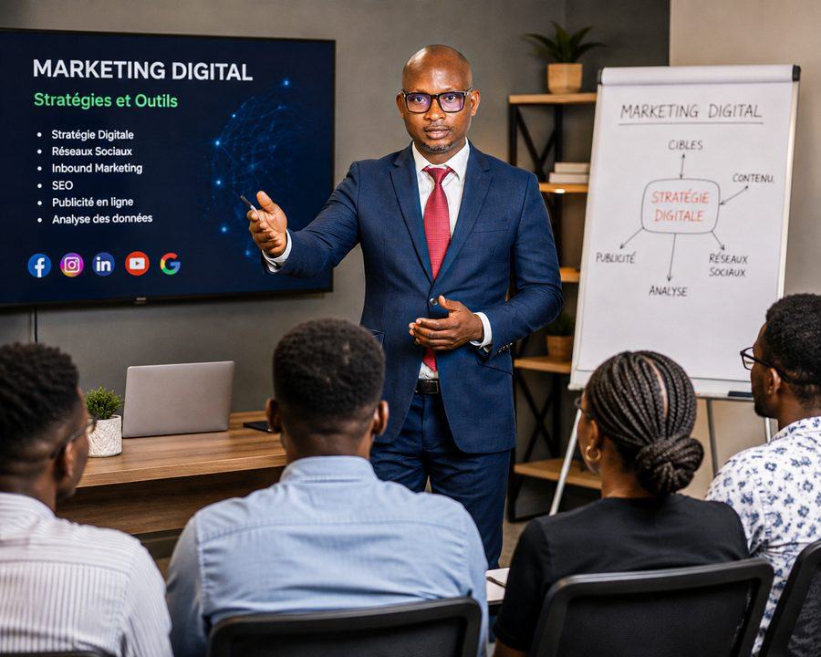 Denis Tossou animant une présentation marketing digital
